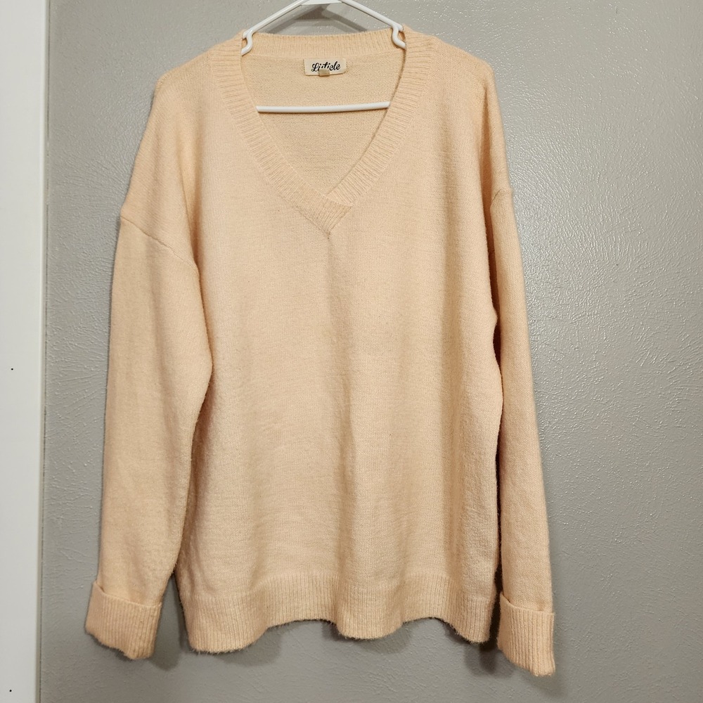 Listicle Sweater Women's V Neck Wool‎ Blend Large Pale Yellow Rolled Sleeve